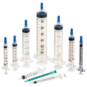 Syringes, needles, caps, connectors, filters, adapters